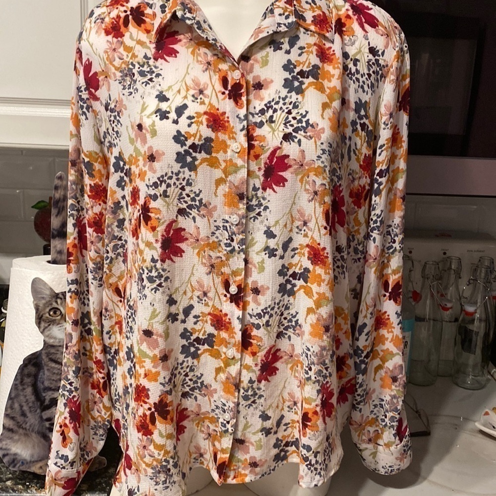 K womens Coral Bay casual floral long sleeve button down regular size shirt XL